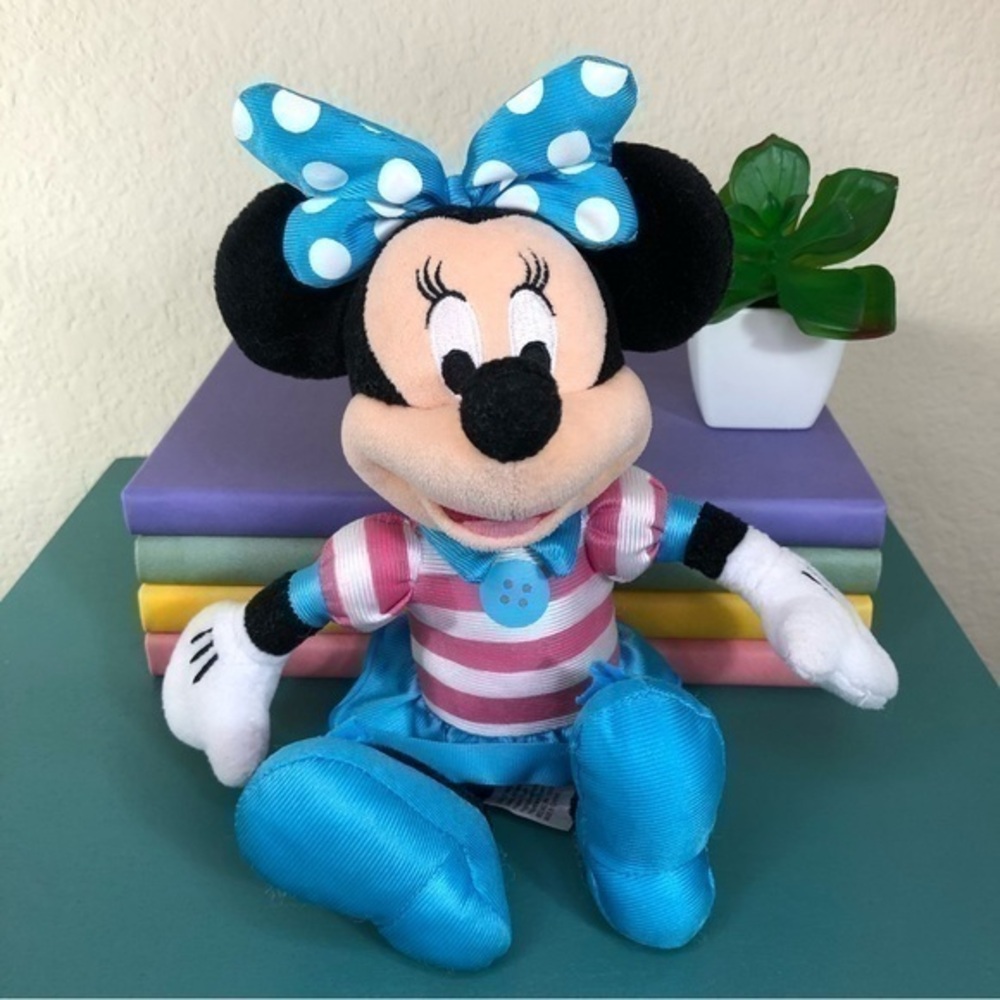 Disney Minnie Mouse Plush Stuffed Animal Plushie Blue White Polka Dot Bow Pink